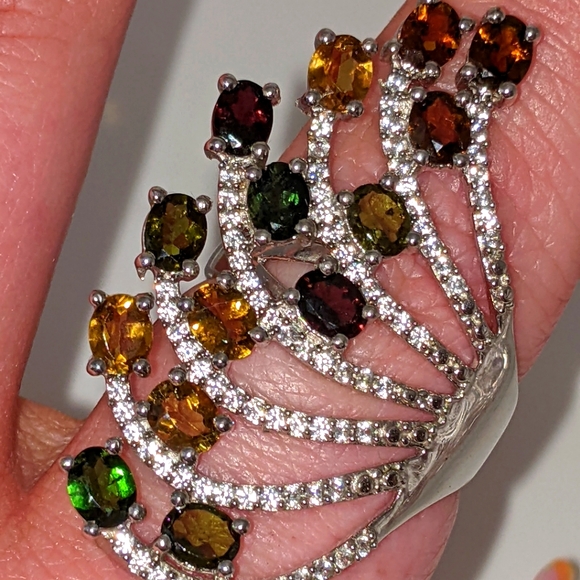 Multi-colored Tourmaline Gemstone Fan Design Ring Sterling Silver - Picture 3 of 14